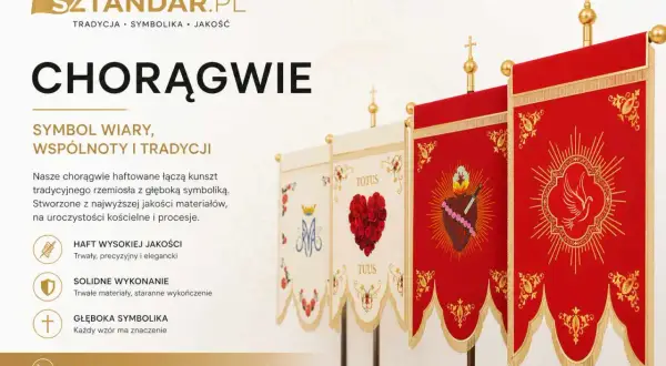 Eleganckie chorągwie religijne, symbol wiary i tradycji, haftowane z dbałością o detale, idealne na uroczystości.