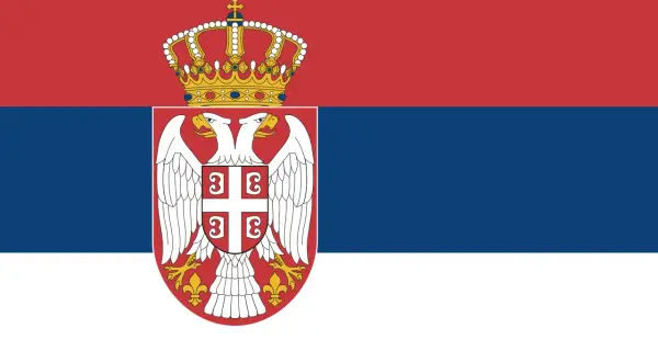 Flaga Serbii: czerwony, niebieski i biały pasy z dwugłowym orłem i koroną.