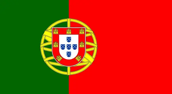 Flaga Portugalii: zielony i czerwony pas pionowy, z tarczą herbową z zamkami i tarczkami z pięcioma niebieskimi tarczkami.