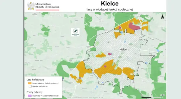 Mapa przedstawia Kielce i okolice, pokazując lasy o wiodącej funkcji społecznej. Kielce to miasto w województwie świętokrzyskim.