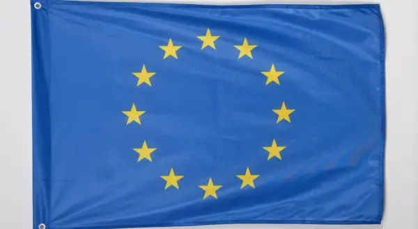 Flaga Unii Europejskiej z dwunastoma złotymi gwiazdami na niebieskim tle.