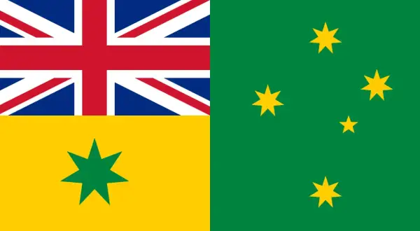 Flaga Australii i Nowej Zelandii. Po lewej flaga Australii z gwiazdą Wspólnoty i flagą Wielkiej Brytanii. Po prawej zielona flaga Nowej Zelandii z Gwiazdą Południa.