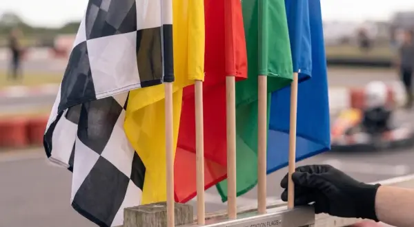 Flaga wyścigowa w kratkę obok kolorowych flag: żółtej, czerwonej, zielonej i niebieskiej. W tle widać tor wyścigowy i gokarta.