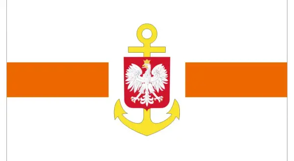 Flaga na statku z orłem w koronie i kotwicą. Dwa pomarańczowe pasy po bokach.