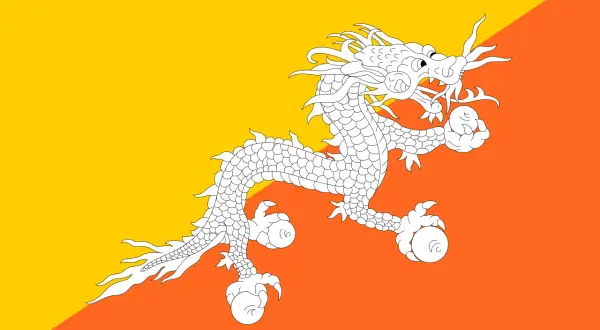 Flaga Bhutanu z białym smokiem na tle żółto-pomarańczowym. Smok symbolizuje potęgę i czystość.