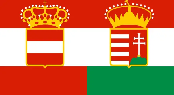 Flaga Austro-Węgier, symbolizująca historyczne powiązania z Budapesztem. Dwie korony i tarcze herbowe na czerwono-biało-zielonym tle.
