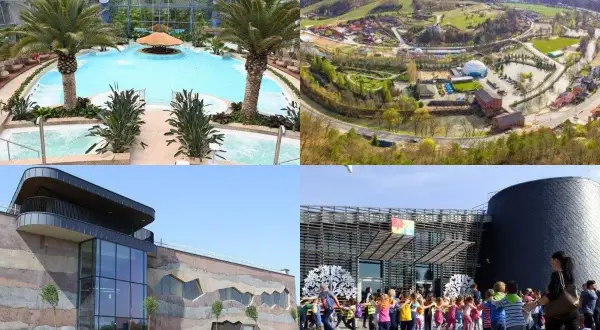 Kolaż zdjęć: basen pod dachem, widok z lotu ptaka na park, nowoczesny budynek, grupa dzieci przed budynkiem.