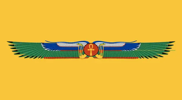 Symboliczne skrzydła z ankh pośrodku na żółtym tle, nawiązujące do starożytnego Egiptu. Flaga Egiptu w historycznej odsłonie.
