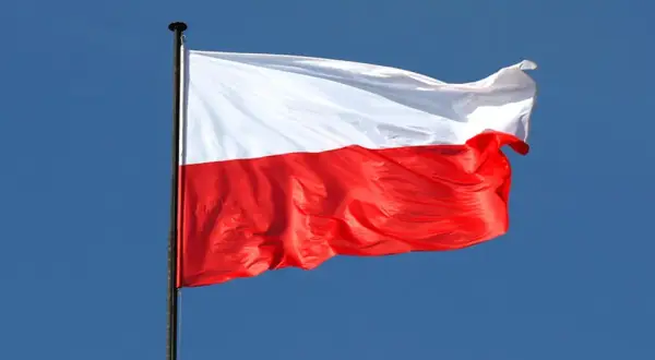 Biało-czerwona flaga Polski powiewa na maszcie na tle błękitnego nieba. Czy flaga może wisieć cały rok? Tak, symbol dumy narodowej jest zawsze na miejscu.