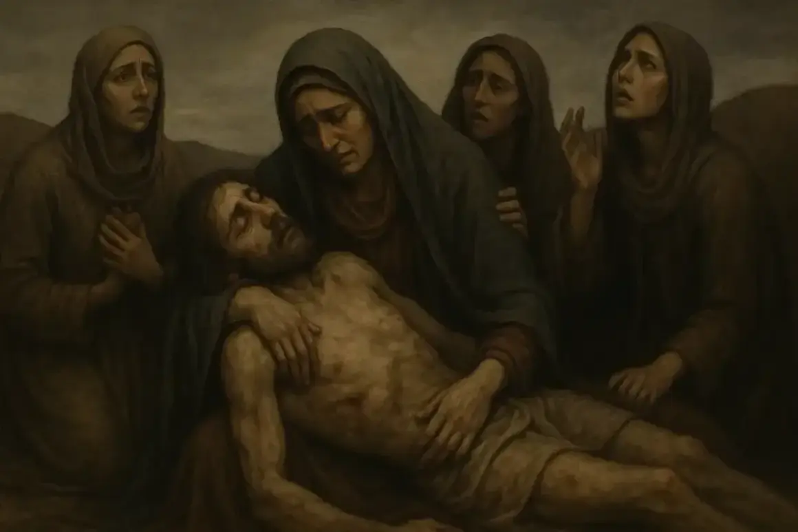 Smutny lament świętokrzyski epoka. Matka tuląca martwe ciało syna, otoczona opłakującymi kobietami.