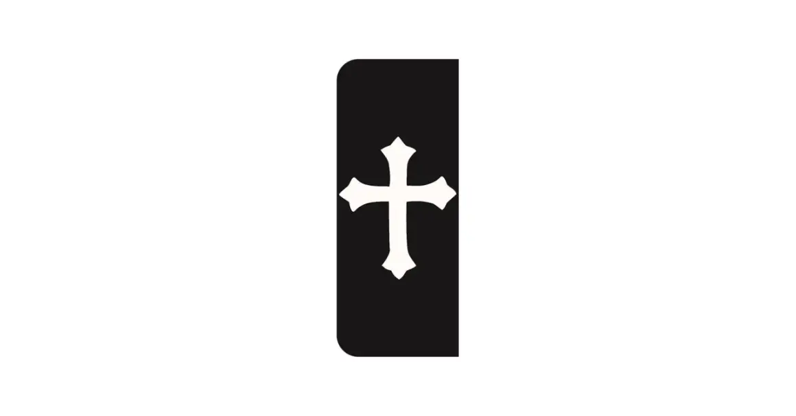 Czarny prostokąt z białym, stylizowanym krzyżem pośrodku. Symbol przypomina flagę krzyżacką.