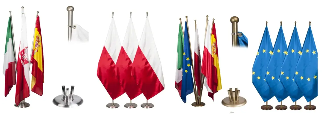 Zestaw flag narodowych i Unii Europejskiej, w tym polski proporzec, prezentowany na białym tle.
