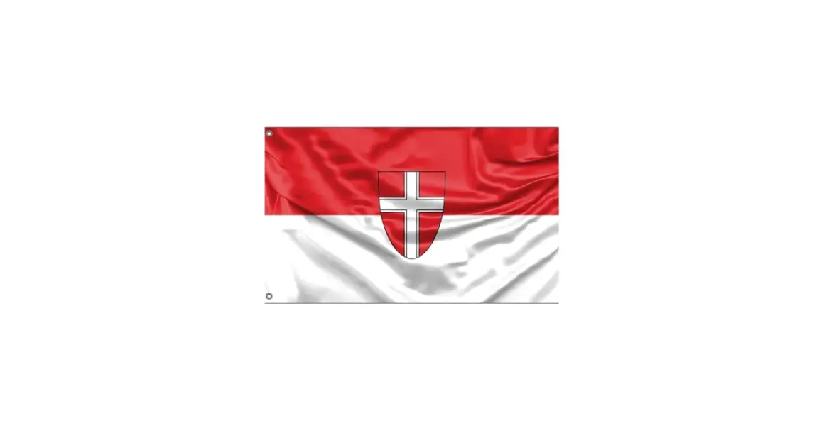 Flaga Wiednia: czerwono-białe pasy z herbem w centrum.