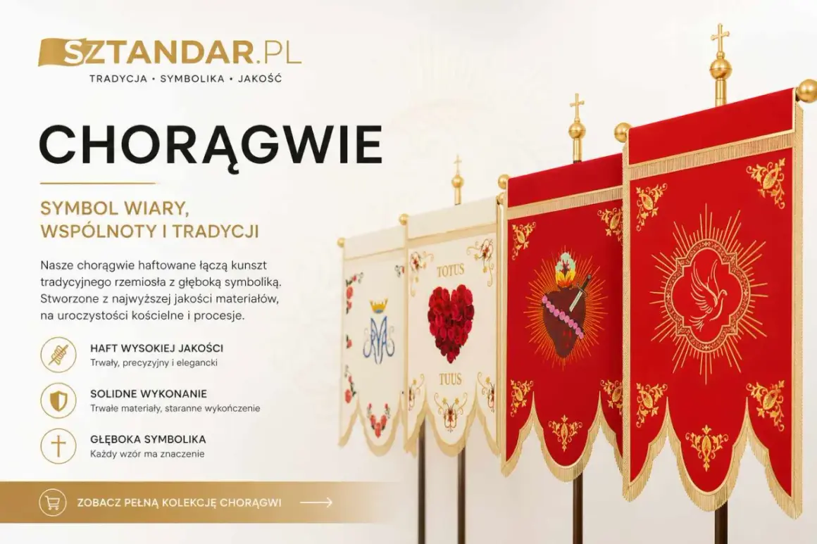 Eleganckie chorągwie religijne, symbol wiary i tradycji, haftowane z dbałością o detale, idealne na uroczystości.