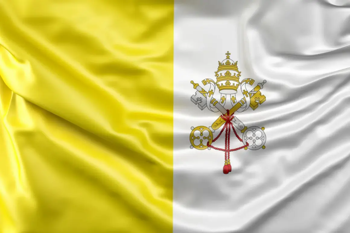 Flaga papieska z dwoma kluczami i tiarą. Dwa pionowe pasy: żółty i biały.