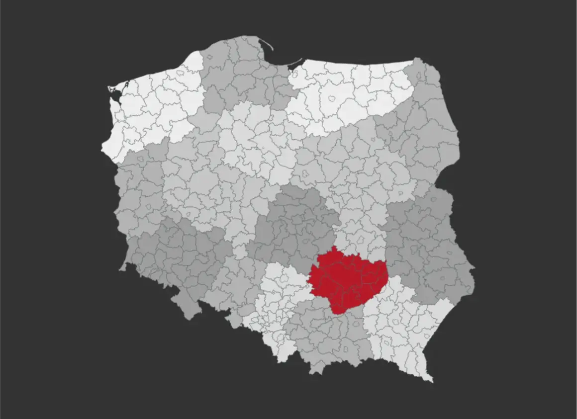 Mapa Polski z zaznaczonym na czerwono obszarem Świętokrzyskiego Parku Narodowego.