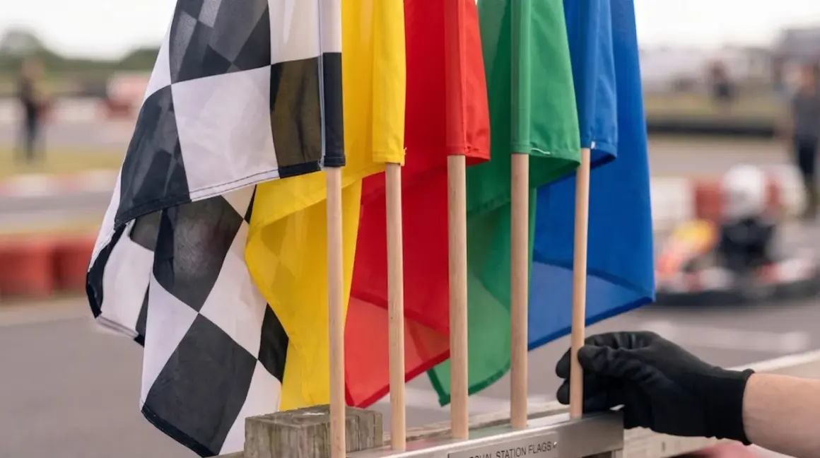 Flaga wyścigowa w kratkę obok kolorowych flag: żółtej, czerwonej, zielonej i niebieskiej. W tle widać tor wyścigowy i gokarta.