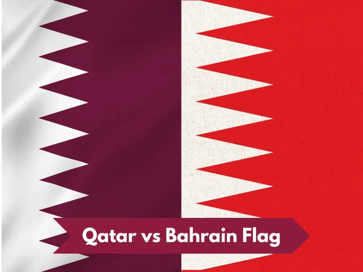 Dwie flagi: Kataru (biało-bordowa) i Bahrajnu (biało-czerwona), z napisem "Qatar vs Bahrain Flag".