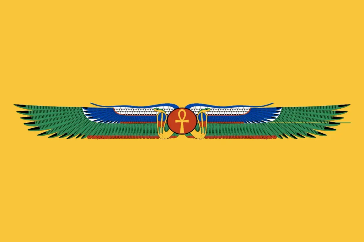 Symboliczne skrzydła z ankh pośrodku na żółtym tle, nawiązujące do starożytnego Egiptu. Flaga Egiptu w historycznej odsłonie.