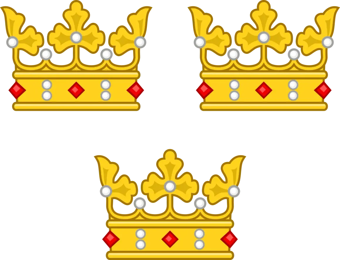 Trzy złote korony z czerwonymi i białymi klejnotami, symbole Szwecji, na czarnym tle.