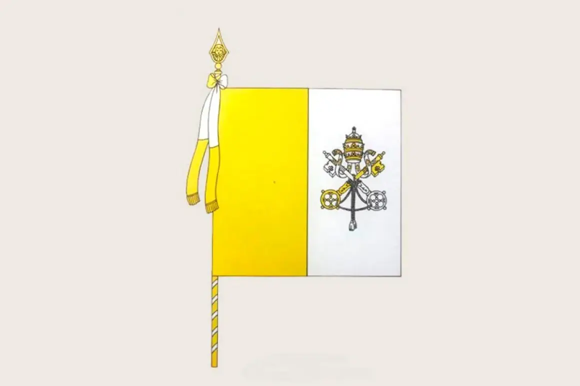 Flaga Watykanu z kluczami św. Piotra i tiarą papieską. Wskazuje kolejność wieszania flag kościelnych.