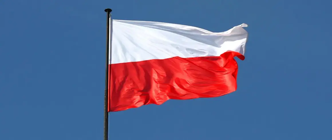 Biało-czerwona flaga Polski powiewa na maszcie na tle błękitnego nieba. Czy flaga może wisieć cały rok? Tak, symbol dumy narodowej jest zawsze na miejscu.