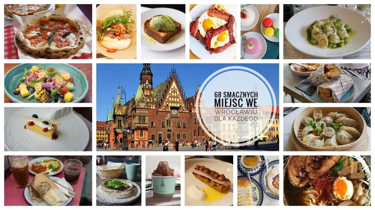 Szukasz miejsc, gdzie zjeść we Wrocławiu tanio? Kolaż pokazuje różnorodne dania: pizzę, pierogi, ramen, desery i lokalne specjały.