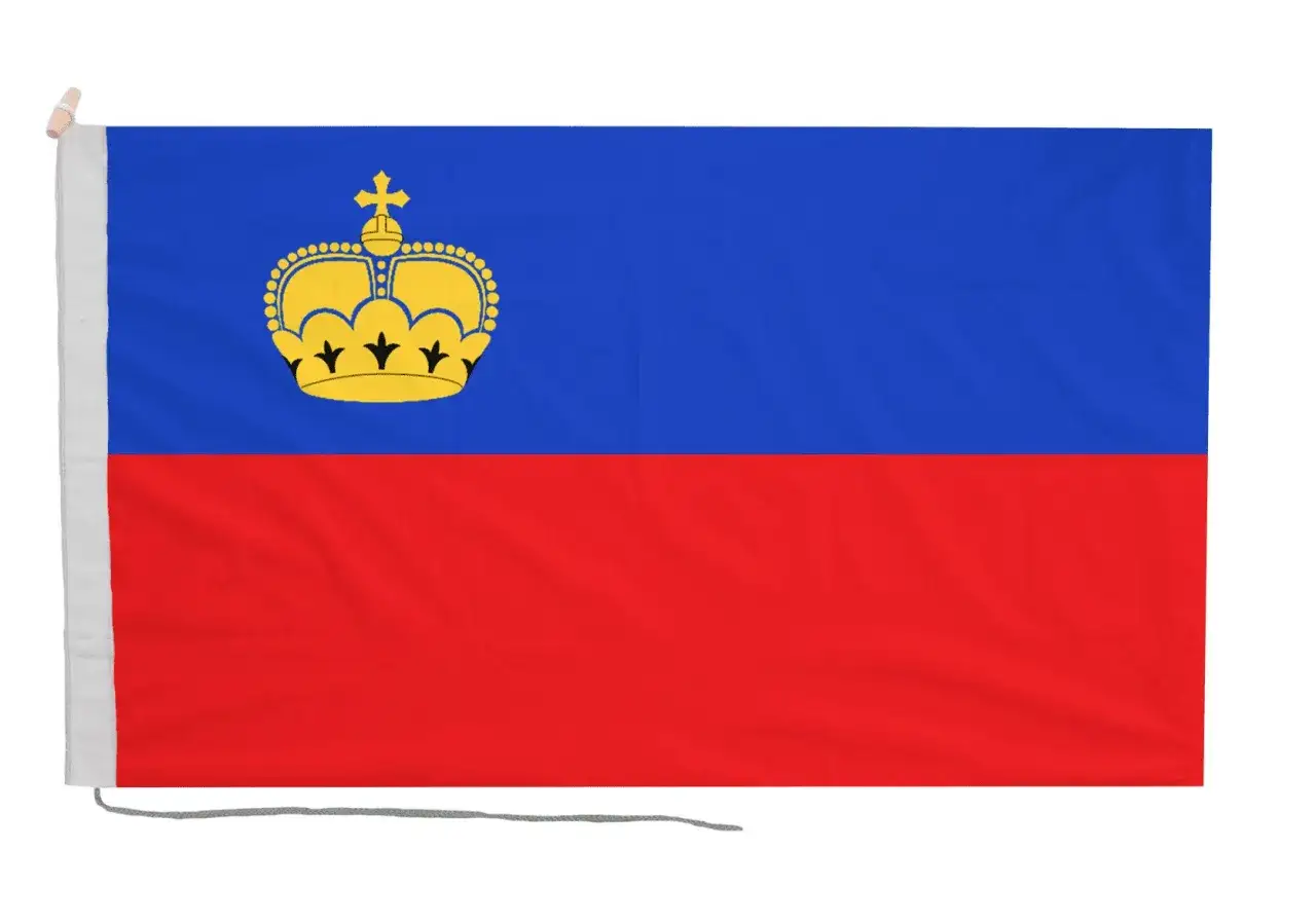 Flaga Liechtenstein z koroną w kolorze złotym na niebieskim tle, poniżej czerwony pas.
