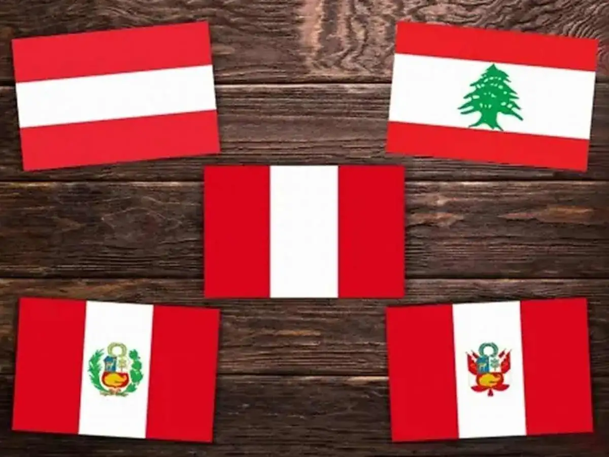 Pięć flag: Austrii, Libanu i trzy Peru. Flaga czerwono biała czerwona z godłem lub bez.