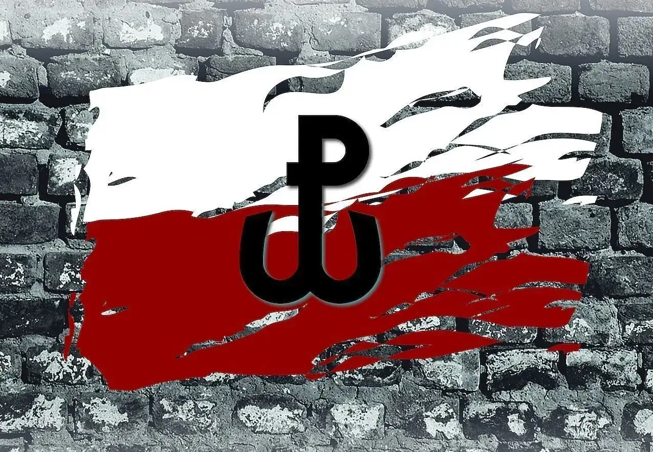 Polska walcząca symbol kotwicy na tle biało-czerwonej flagi, symbolizującej opór i nadzieję.