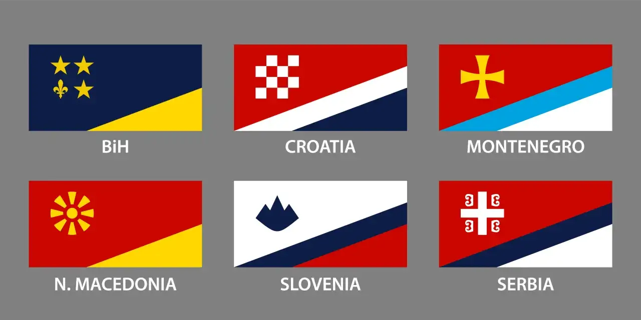 Flaga czerwono biało niebieska z herbem, symbolizująca Serbię, obok flag Chorwacji, Czarnogóry, Macedonii Północnej, Słowenii i BiH.