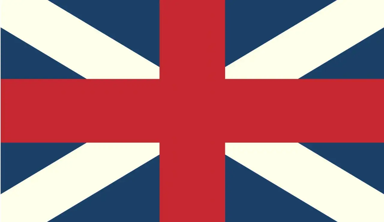 Flaga Anglii, znana jako Union Jack, z czerwonym krzyżem na niebieskim tle z białymi i czerwonymi pasami.