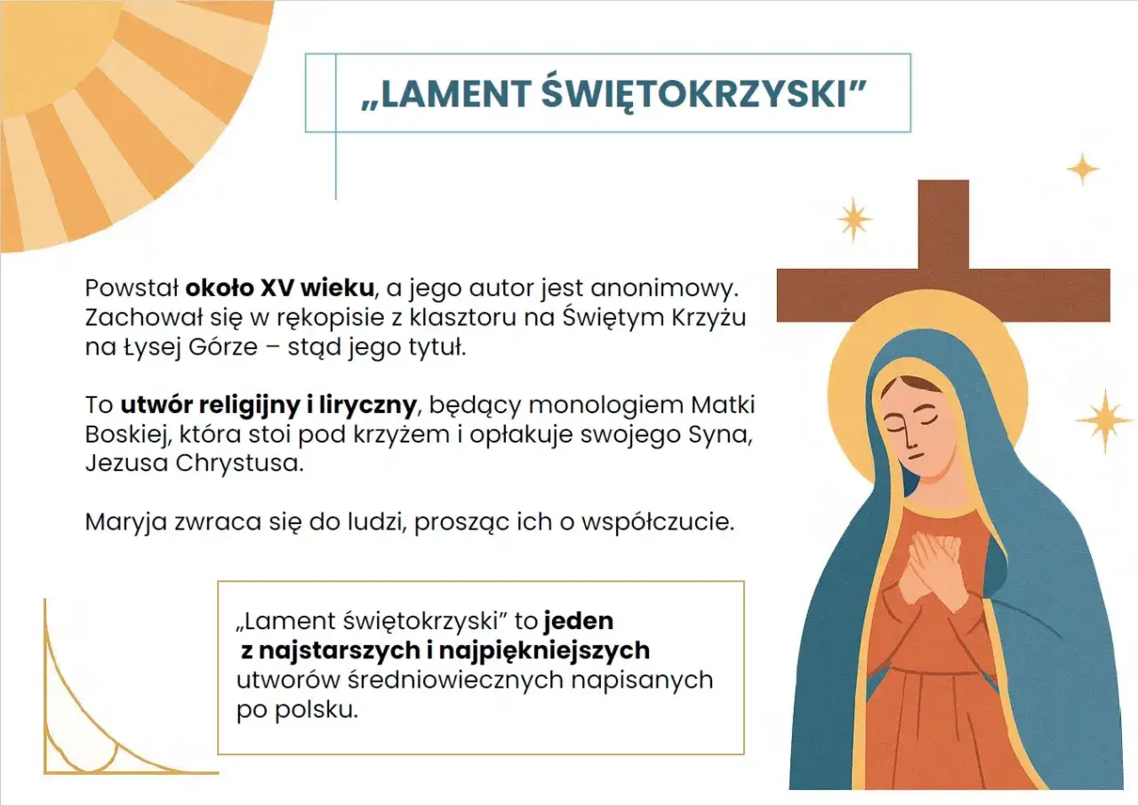 Ilustracja przedstawia Matkę Boską pod krzyżem, symbolizującą „Lament świętokrzyski” – średniowieczny utwór liryczny.