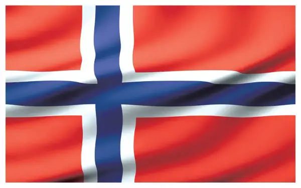 Flaga Norwegii: czerwona z białym i niebieskim krzyżem.
