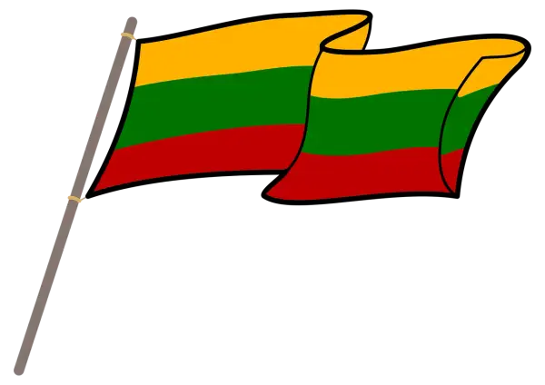 Flaga Litwy powiewa na maszcie. Trzy poziome pasy: żółty, zielony i czerwony.