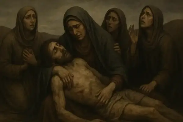 Smutny lament świętokrzyski epoka. Matka tuląca martwe ciało syna, otoczona opłakującymi kobietami.