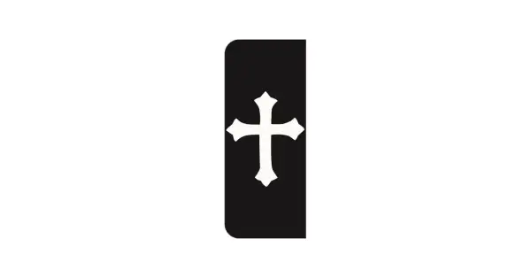 Czarny prostokąt z białym, stylizowanym krzyżem pośrodku. Symbol przypomina flagę krzyżacką.
