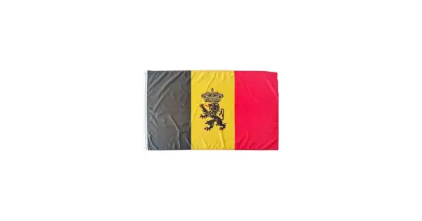Flaga Belgii: trzy pionowe pasy: czarny, żółty z czarnym lwem w koronie, czerwony.