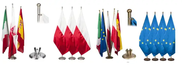 Zestaw flag narodowych i Unii Europejskiej, w tym polski proporzec, prezentowany na białym tle.
