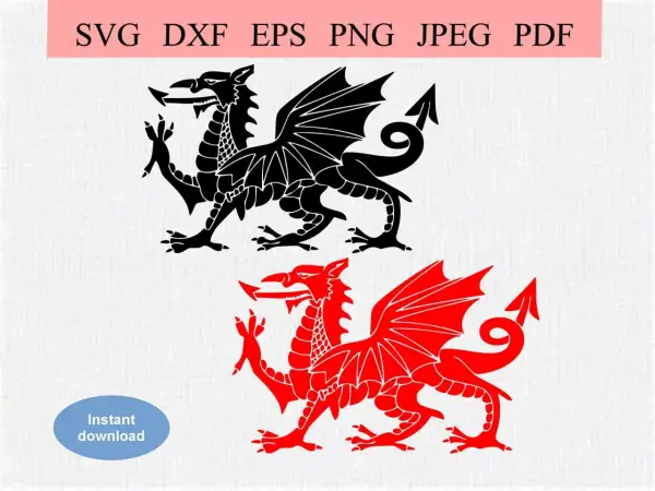 Dwa smoki, czarny i czerwony, symbole Walii, gotowe do pobrania w formatach SVG, DXF, EPS, PNG, JPEG, PDF.
