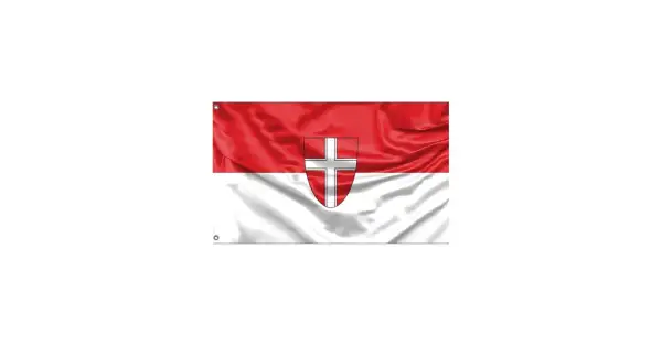 Flaga Wiednia: czerwono-białe pasy z herbem w centrum.