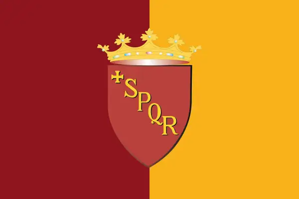 Flaga Rzymu: czerwono-żółte pasy, herb z koroną i napisem SPQR.