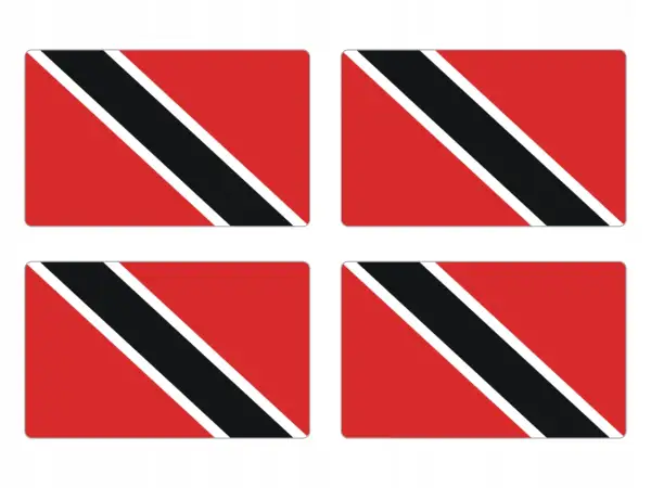 Cztery identyczne flagi Trynidadu i Tobago, każda z czerwonym tłem i czarno-białym pasem biegnącym po przekątnej.