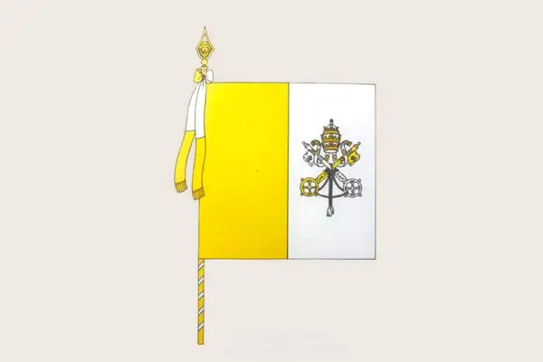 Flaga Watykanu: biało-żółta, z kluczami św. Piotra i tiarą papieską. Symbolizuje władzę duchową i świecką.