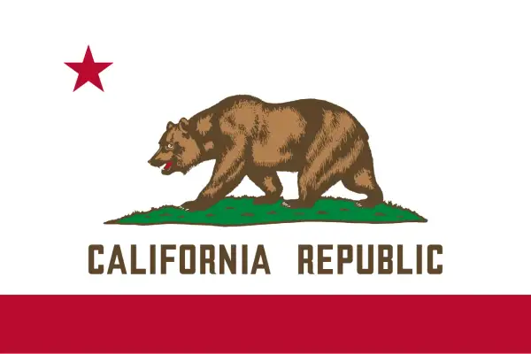 Flaga Kalifornii z niedźwiedziem brunatnym, czerwoną gwiazdą i napisem "CALIFORNIA REPUBLIC".