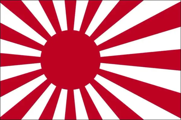 Flaga Japonii z czerwonym słońcem i promieniami.