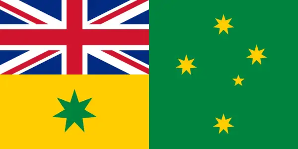 Flaga Australii i Nowej Zelandii. Po lewej flaga Australii z gwiazdą Wspólnoty i flagą Wielkiej Brytanii. Po prawej zielona flaga Nowej Zelandii z Gwiazdą Południa.