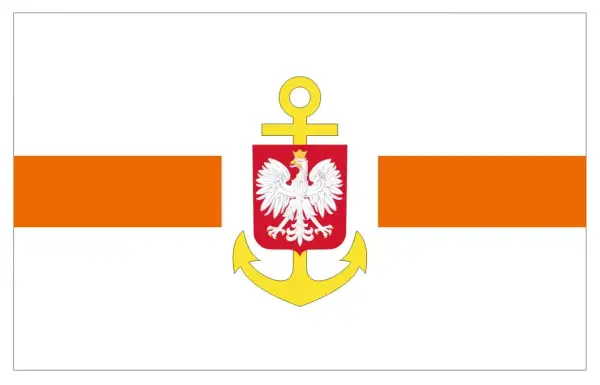 Flaga na statku z orłem w koronie i kotwicą. Dwa pomarańczowe pasy po bokach.