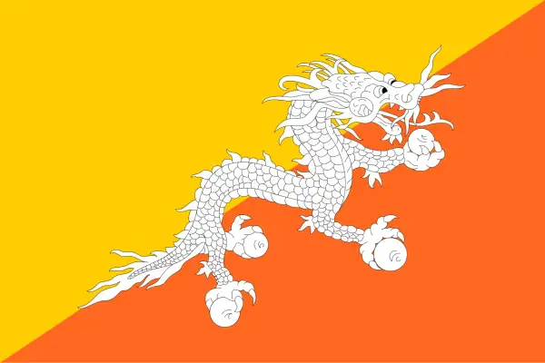 Flaga Bhutanu z białym smokiem na tle żółto-pomarańczowym. Smok symbolizuje potęgę i czystość.