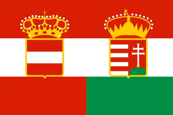Flaga Austro-Węgier, symbolizująca historyczne powiązania z Budapesztem. Dwie korony i tarcze herbowe na czerwono-biało-zielonym tle.